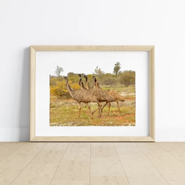 Watercolour Print of a wandering Mob of Emus