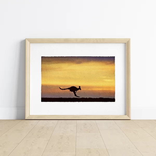 Watercolour Print of A kangaroo hopping across the outback plane near Marree, Australia