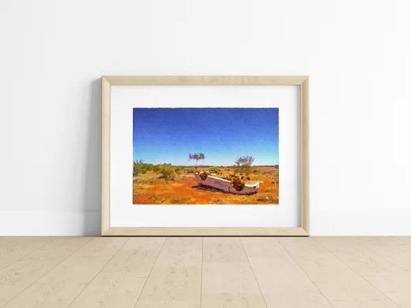 Watercolour Print of A rolled over junk car rests in the Northern Territory sun