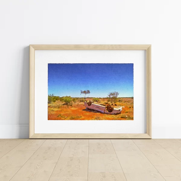 Watercolour Print of A rolled over junk car rests in the Northern Territory sun