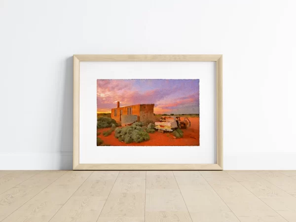 A Watercolour print of A vintage car sits next to a ruined farmhouse in Silverton, Australia