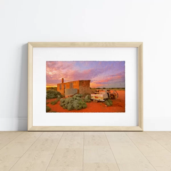 A Watercolour print of A vintage car sits next to a ruined farmhouse in Silverton, Australia