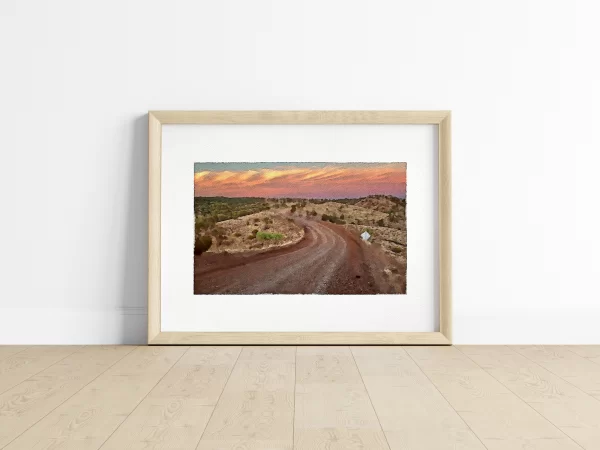 Watercolour Print of a winding dirt road leads to Razorback Lookout in Southern Australia