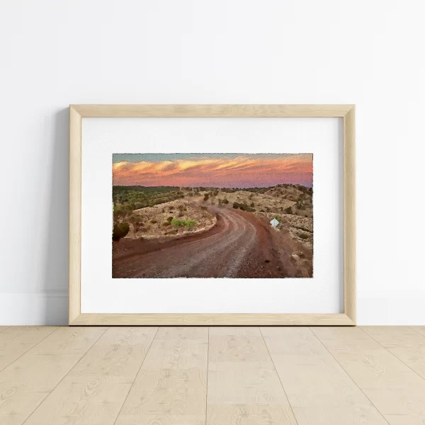 Watercolour Print of a winding dirt road leads to Razorback Lookout in Southern Australia