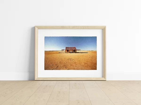 Watercolour Print of An abandoned house sits in the middle of the desert