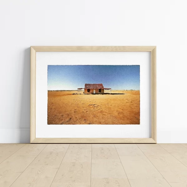 Watercolour Print of An abandoned house sits in the middle of the desert