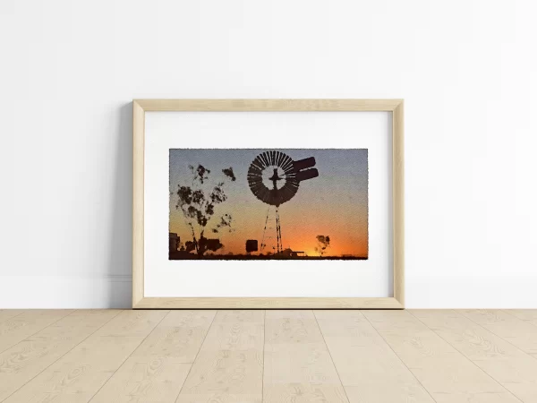 Water Colour Print of Home Farm Vivid sunsets, wide horizons and remote windmills are all iconic symbols of the Australian outback