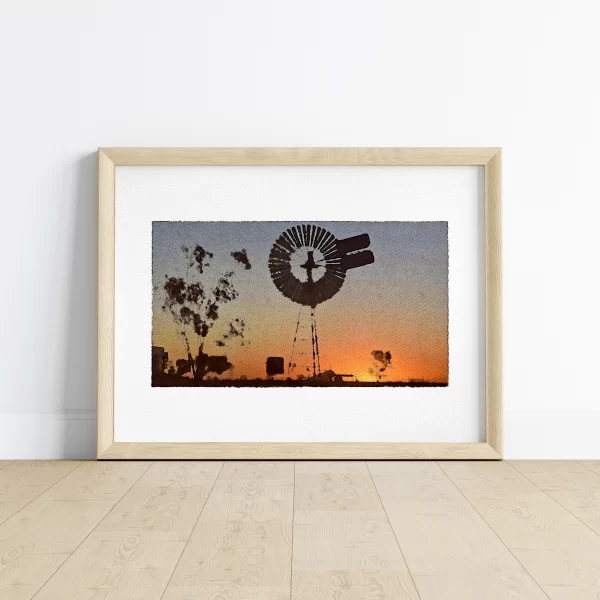 Water Colour Print of Home Farm Vivid sunsets, wide horizons and remote windmills are all iconic symbols of the Australian outback