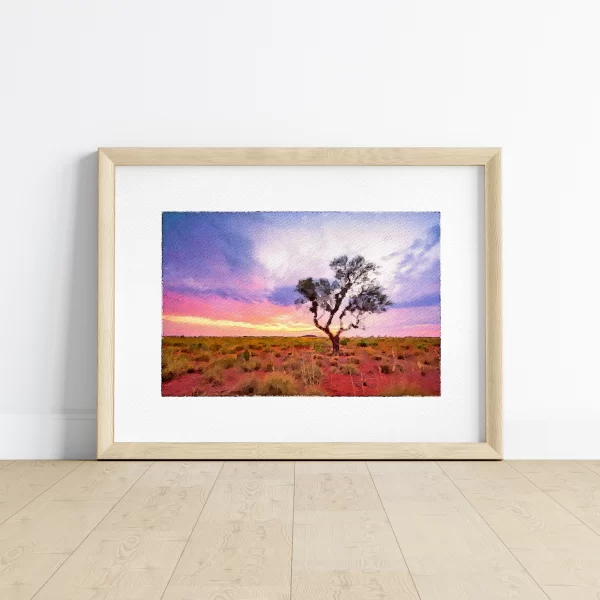 Watercolour Print of aSolitary hakea tree in the Pilbar