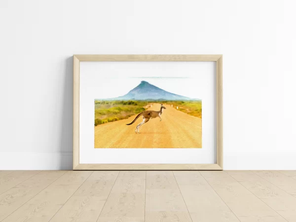 Watercolor Print of a Kangaroo Hopping Across the Road in the Queensland Outback