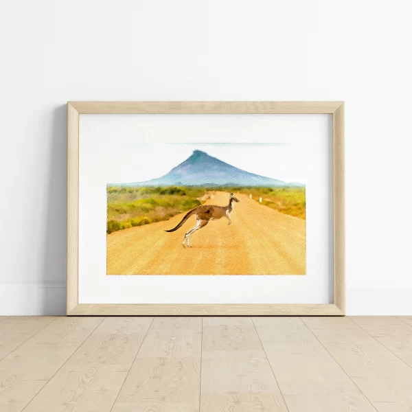 Watercolor Print of a Kangaroo Hopping Across the Road in the Queensland Outback