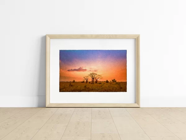 Watercolour Print of Boab trees build a desert tree line at dusk near Gibb River Road in Western Australia