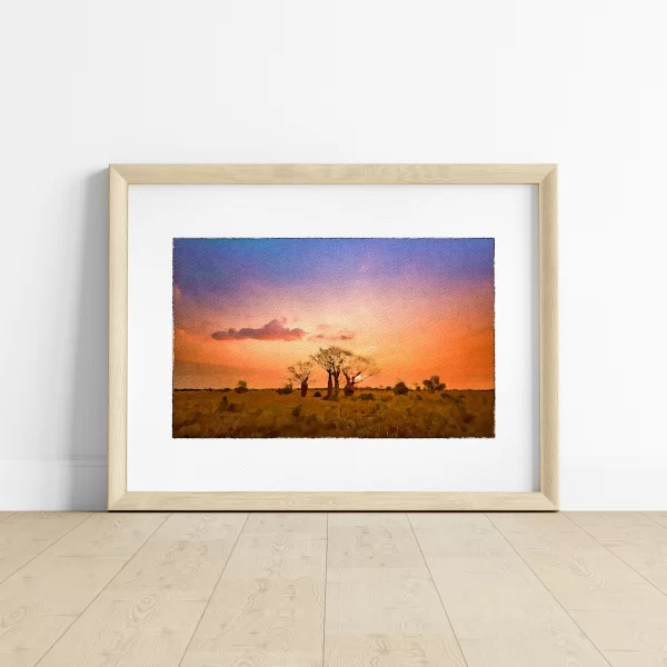 Watercolour Print of Boab trees build a desert tree line at dusk near Gibb River Road in Western Australia