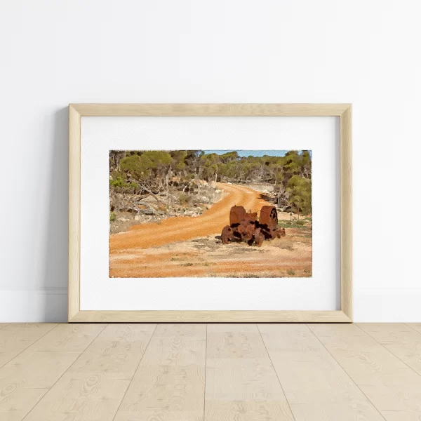 Watercolour print of an Old Abandoned Tractor on the Side of a Country Road WA