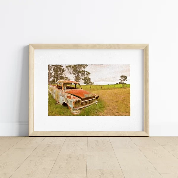 Watercolour Print of an old Holden Ute left to Rest in the New south Wales Bush