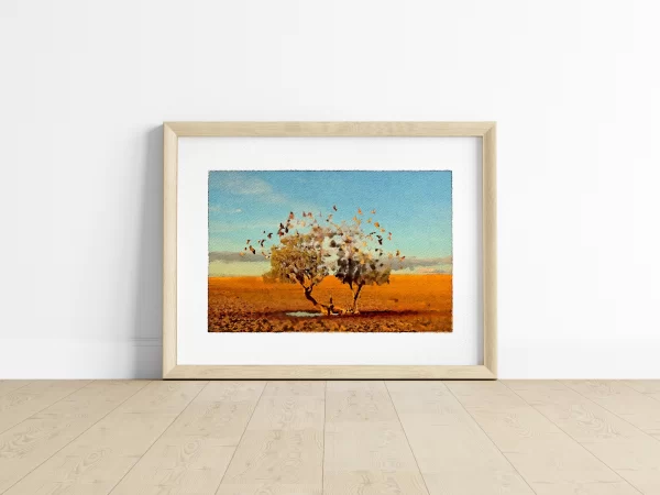 Watercolour print Strzelecki Desert in central Australia, a flock of galahs make the most of the only water available at the base of this tree.