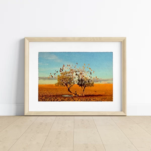 Watercolour print Strzelecki Desert in central Australia, a flock of galahs make the most of the only water available at the base of this tree.